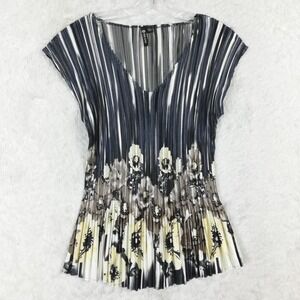 Milano Womens Blouse Top Accordion Pleated Floral Print Blue Gray V Neck L